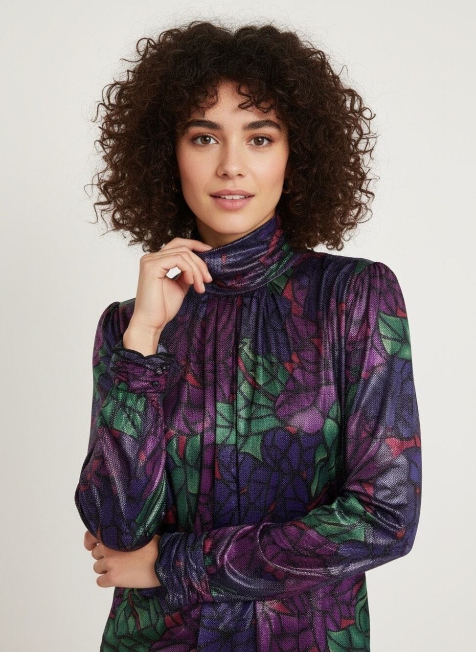 Vintage 80s Tess Petite Metallic Floral Turtleneck Blouse – Made in Hong Kong
